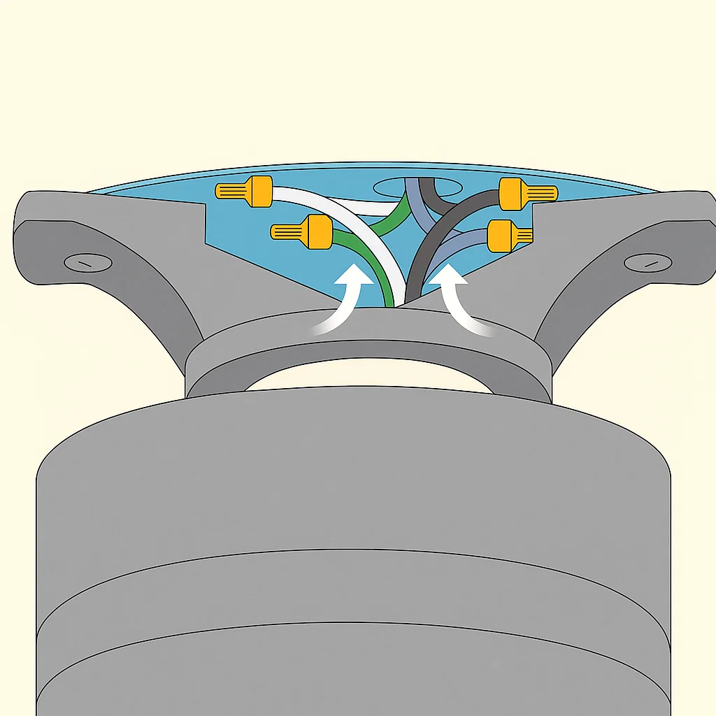 Ceiling fan wires connected and neatly tucked inside ceiling junction box