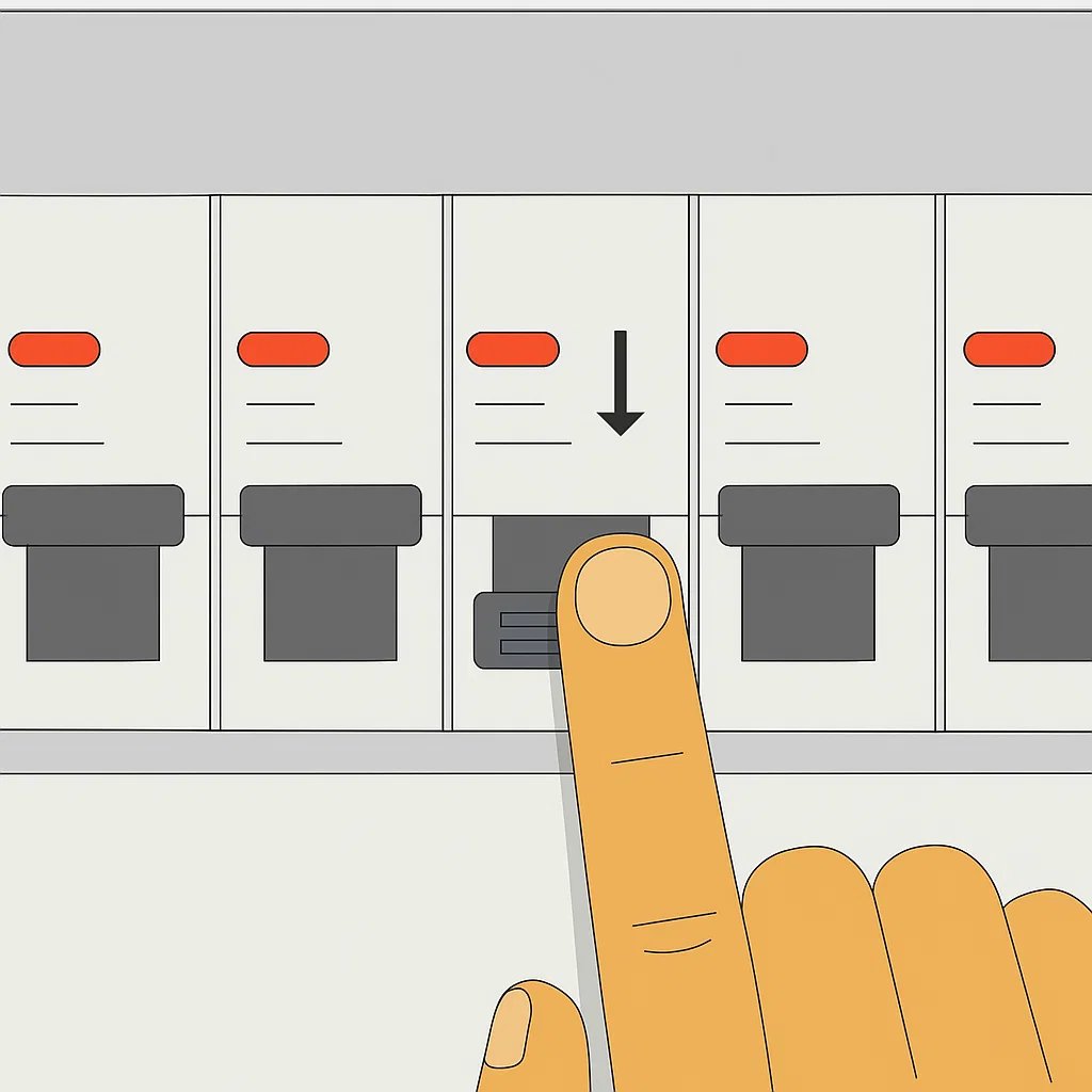 Finger switching off circuit breaker for electrical safety before fan installation