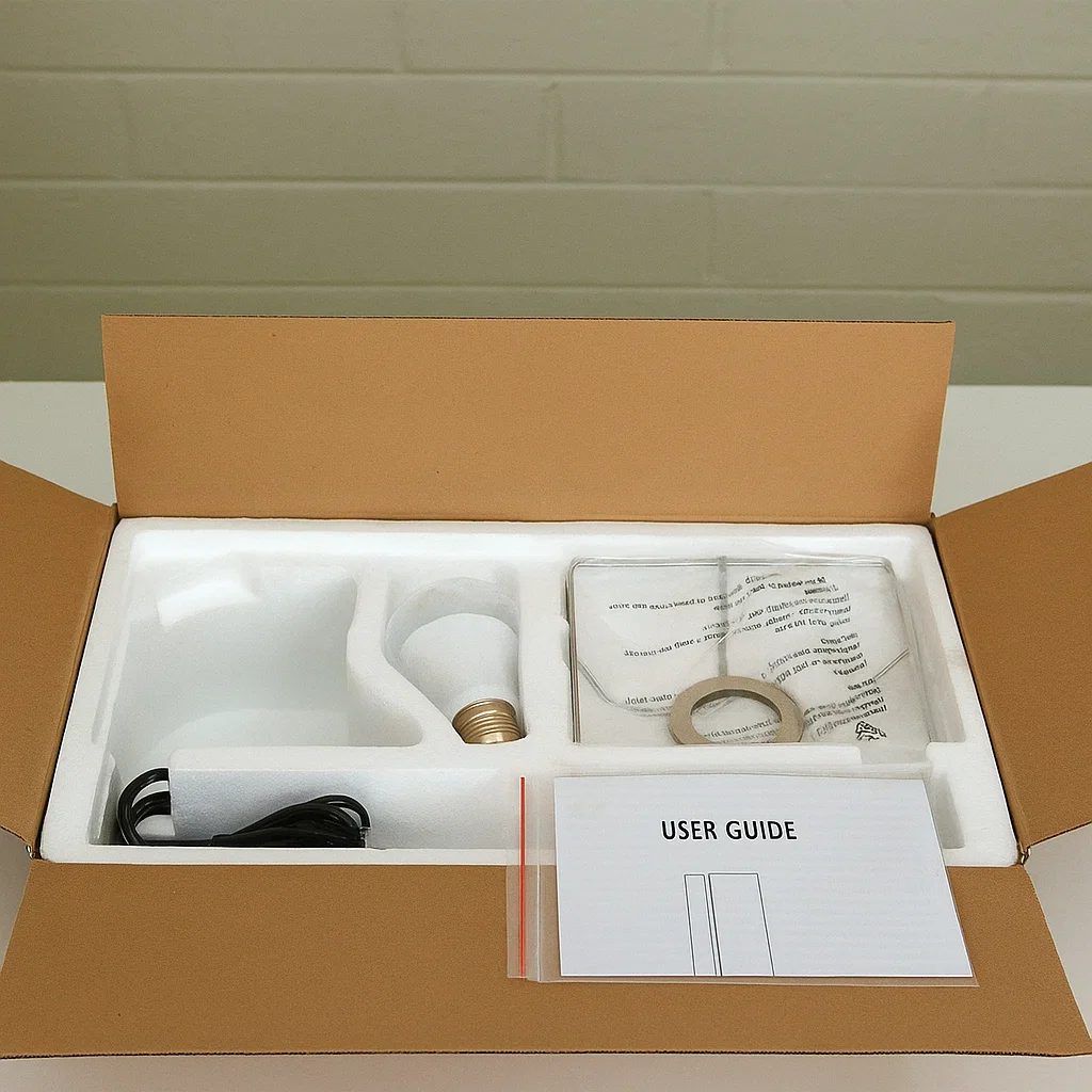 Opened box showing lamp components, bulb, and user guide
