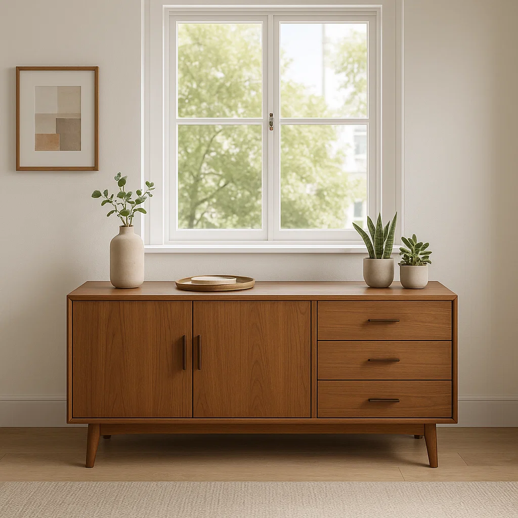 Mid-century sideboard below window with potted plants.