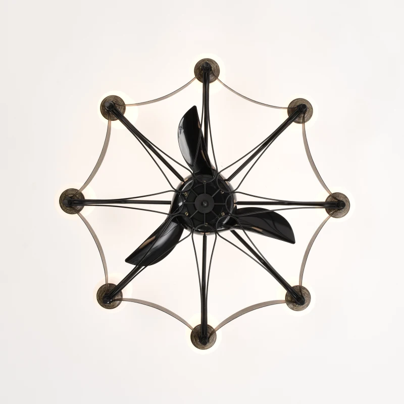 Close-up view of black ceiling fan blades arranged in circular pattern