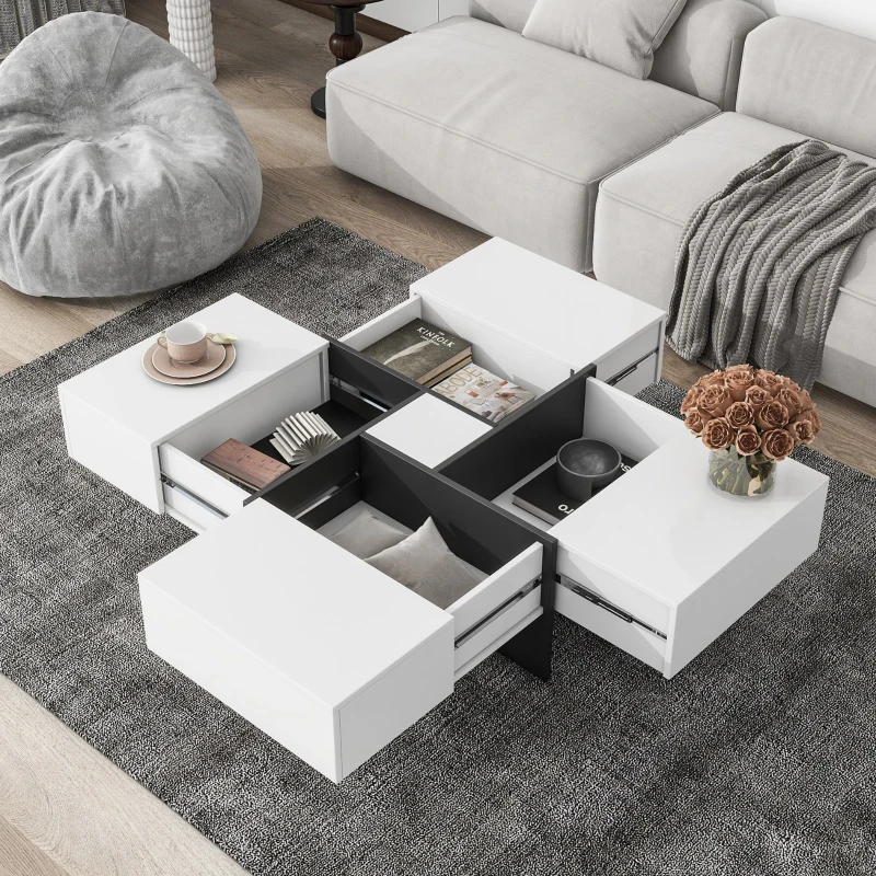 White square coffee table with multiple storage compartments