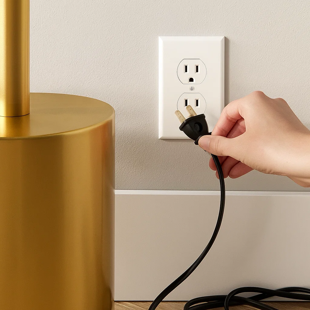 Unplugging the floor lamp before packing it.