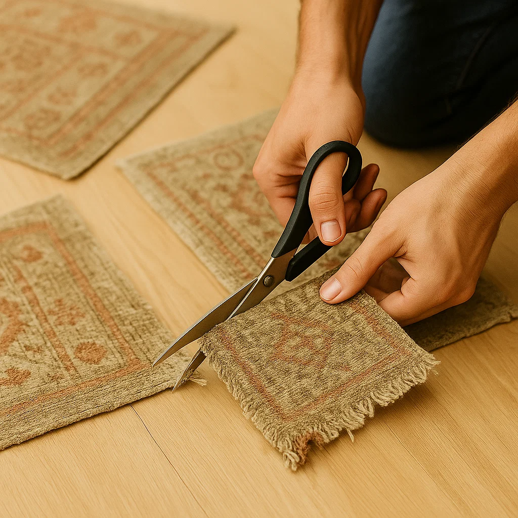 Hands cutting old rug into smaller square pieces for reuse