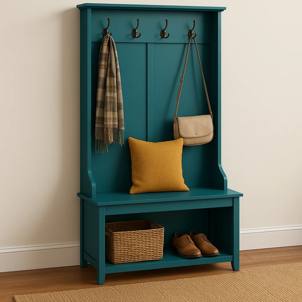 Teal hall tree with hooks, yellow cushion, and woven basket.
