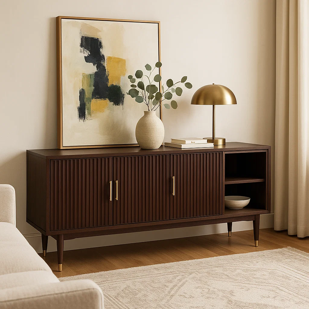 Dark wood sideboard with golden lamp and abstract artwork.