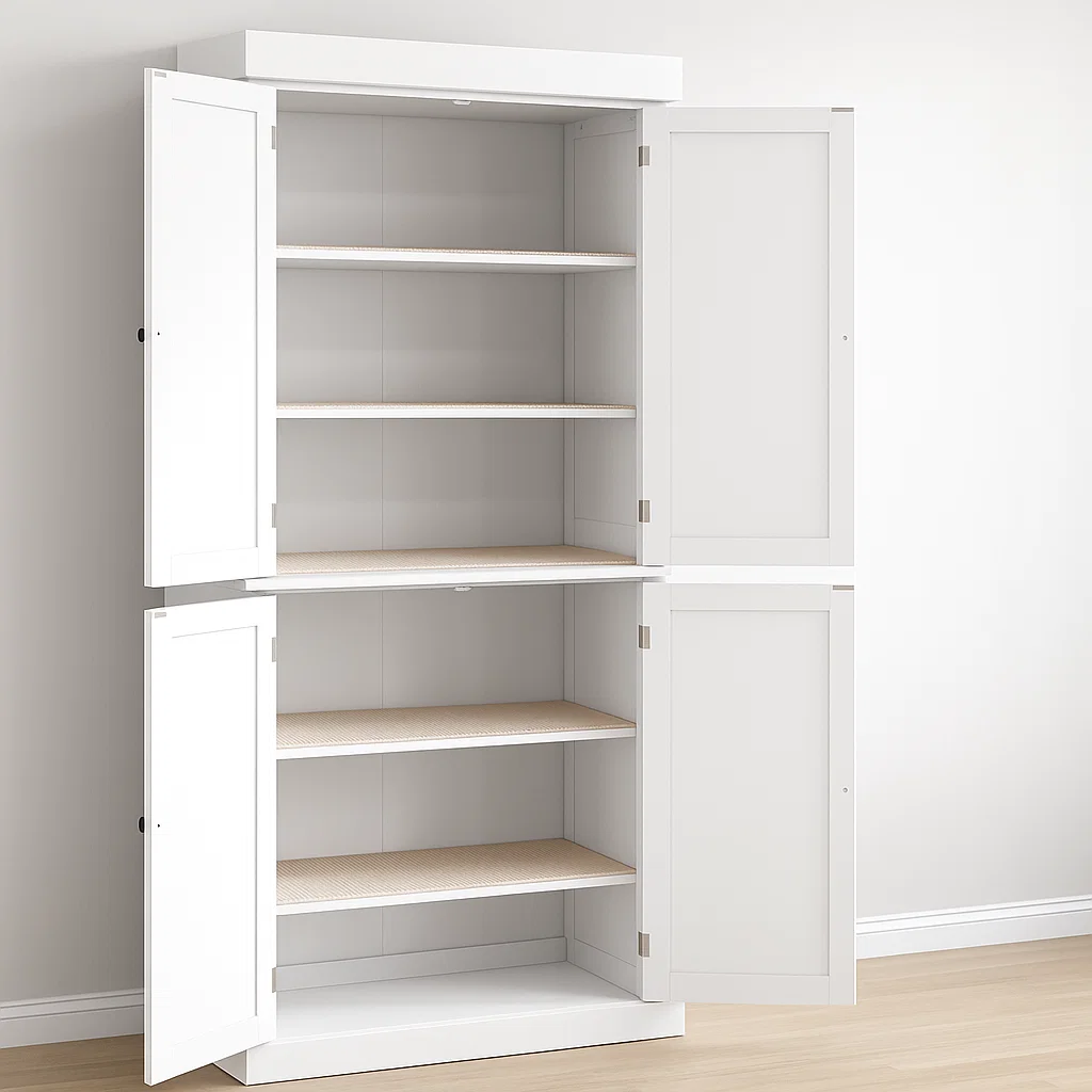 Empty pantry shelves lined with beige protective liners