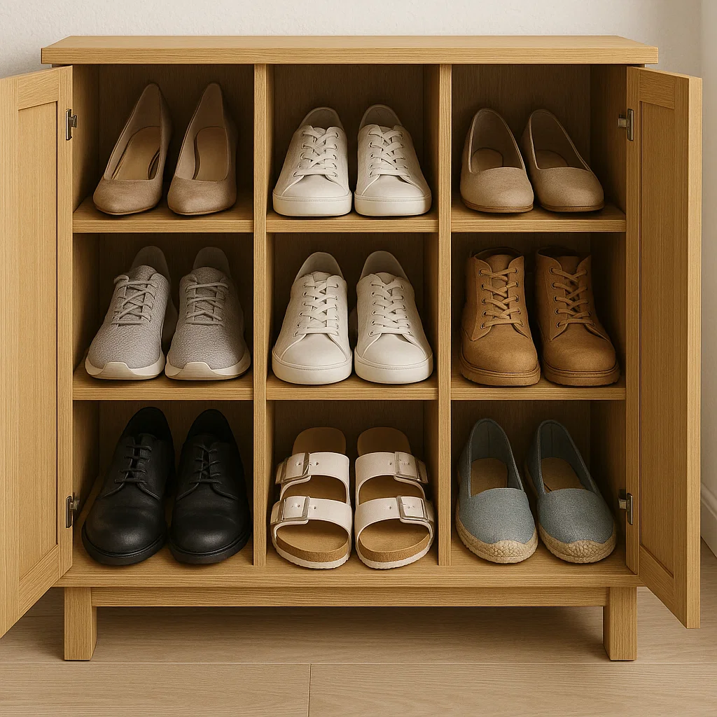 Organized wooden shoe cabinet with neatly arranged pairs of shoes in separate cubbies.
