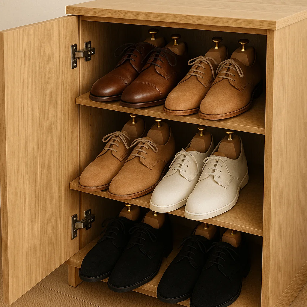 Wooden cabinet showing dress shoes with shoe trees to maintain shape and freshness.