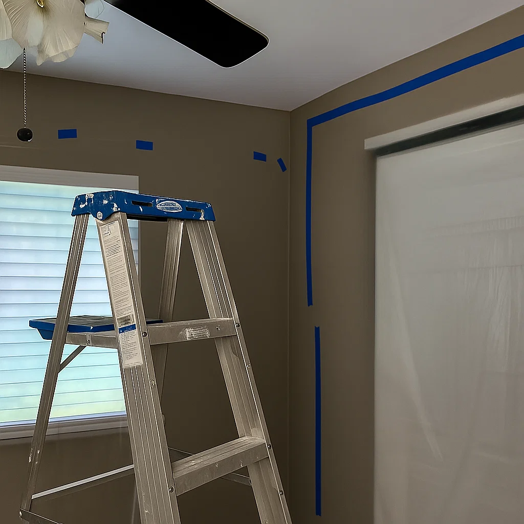 Ladder placed under ceiling fan setup area for safe installation