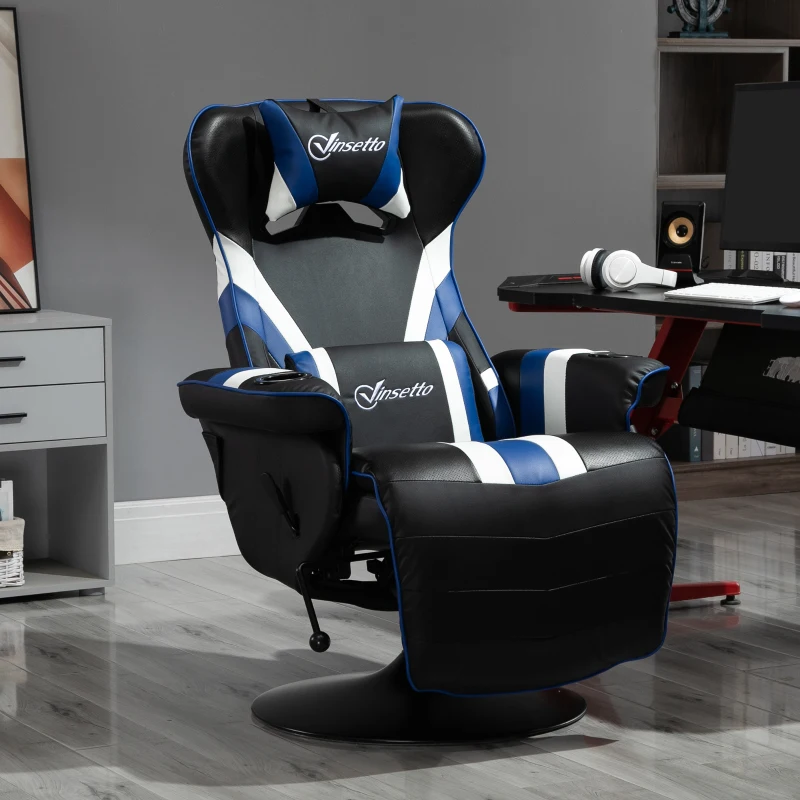 Black and blue gaming recliner chair in modern workspace