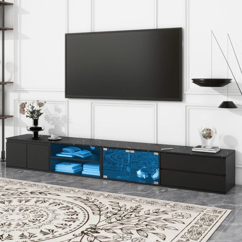 Modern black TV stand with blue LED lighting and shelves.