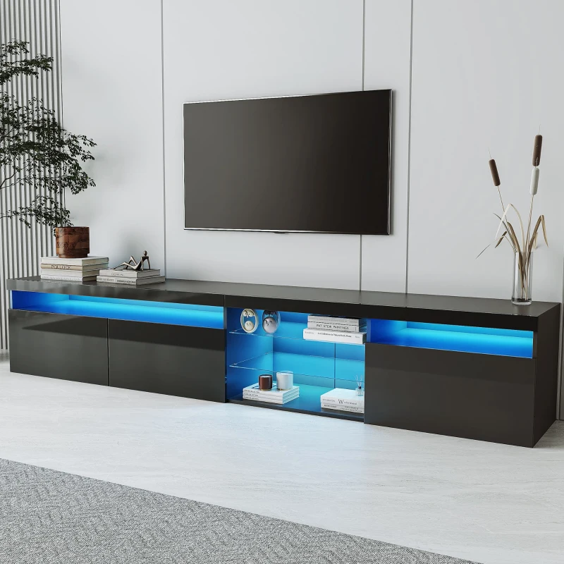 Black TV stand with glass shelves and blue LED lights.