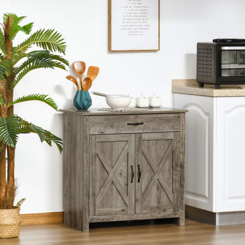 Small grey farmhouse cabinet with X-pattern doors beside kitchen counter.