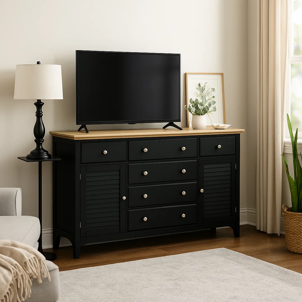 Modern black sideboard with drawers and TV in cozy living room.