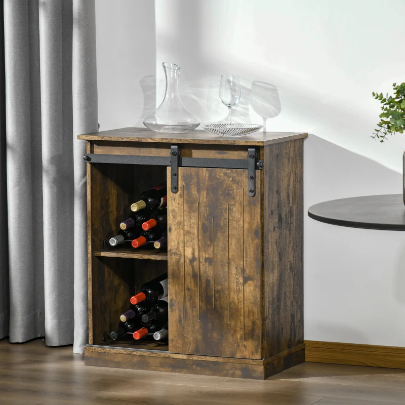 Rustic wooden wine cabinet with sliding barn door and bottles inside.