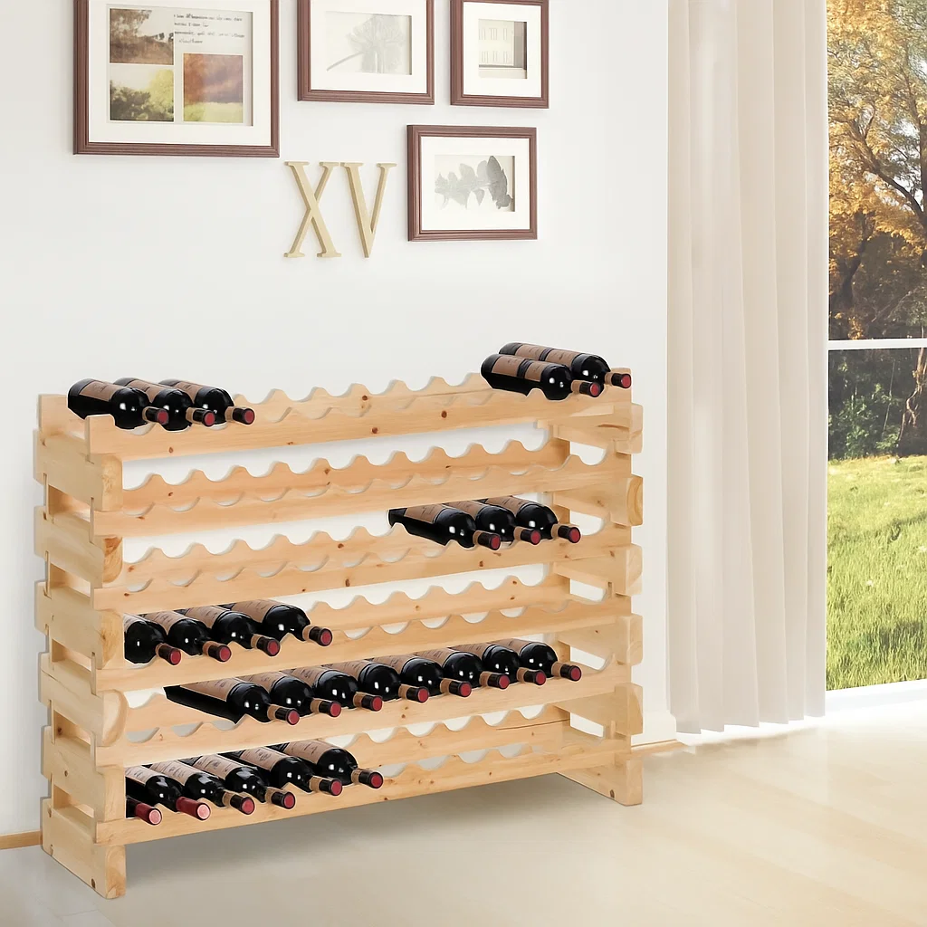 Wooden open wine rack with multiple bottles placed neatly in rows.