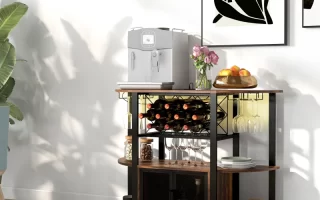 Modern bar table with wine rack, glass holders, and storage shelves.