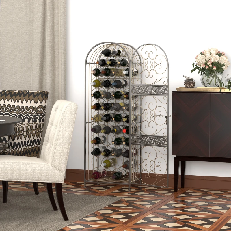 Tall decorative metal wine rack filled with assorted bottles in dining room.
