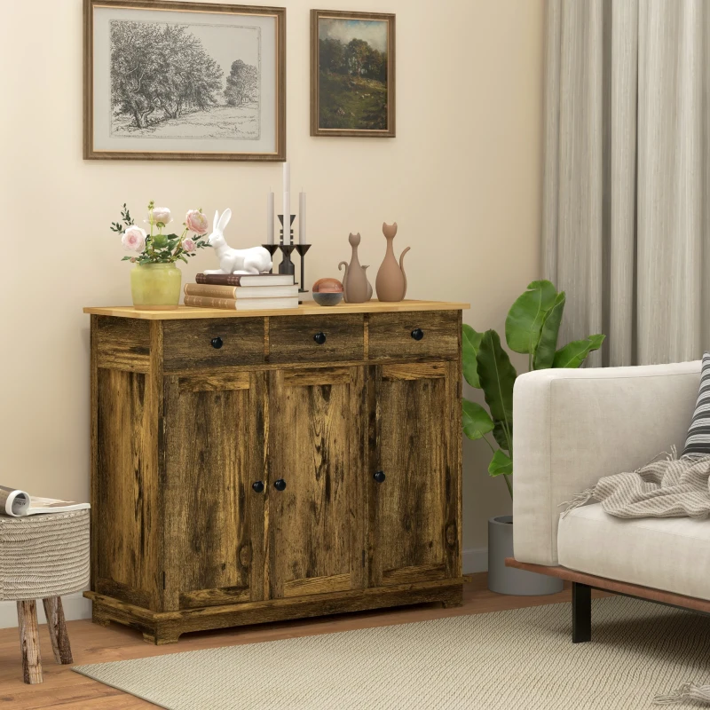Rustic brown wooden sideboard with floral decor and artwork above.