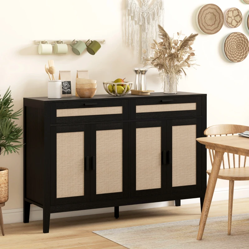 Black and beige rattan sideboard in cozy dining room setup.