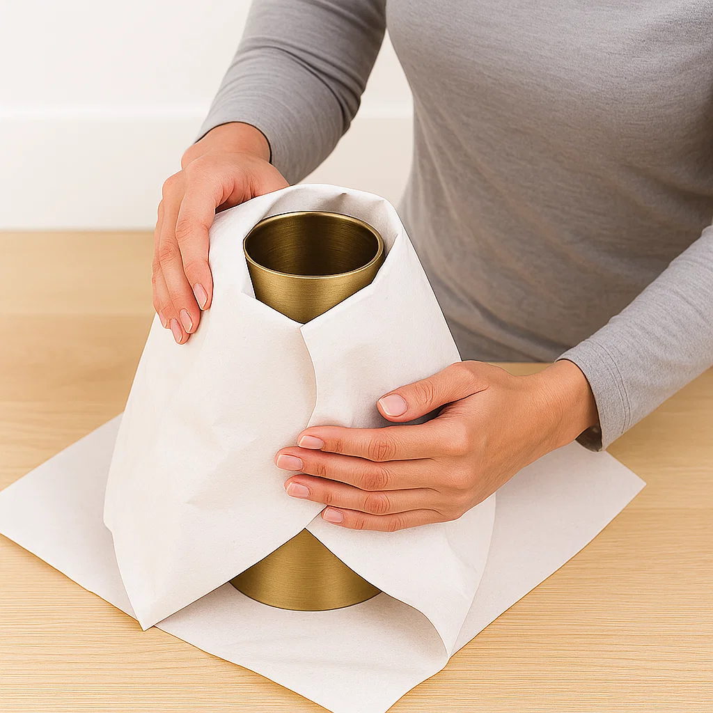 Wrapping a lampshade with paper for safe packing.