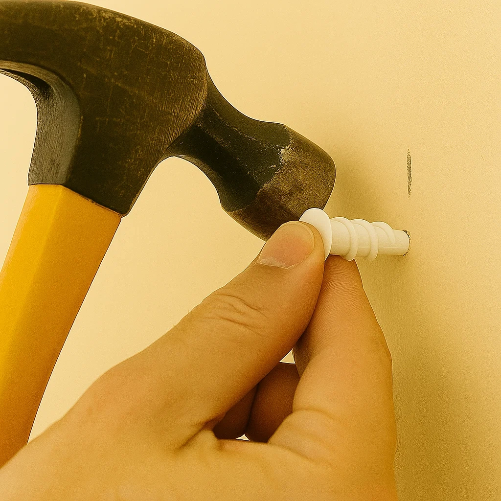 Hand hammering white plastic drywall anchor into wall