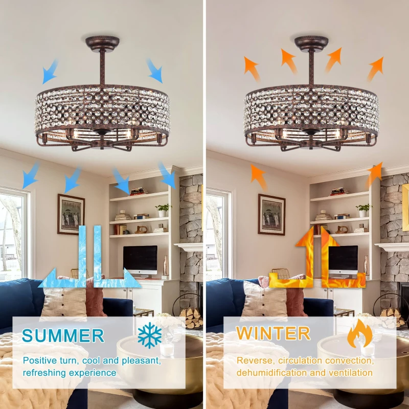 Ceiling fan showing summer and winter airflow direction comparison