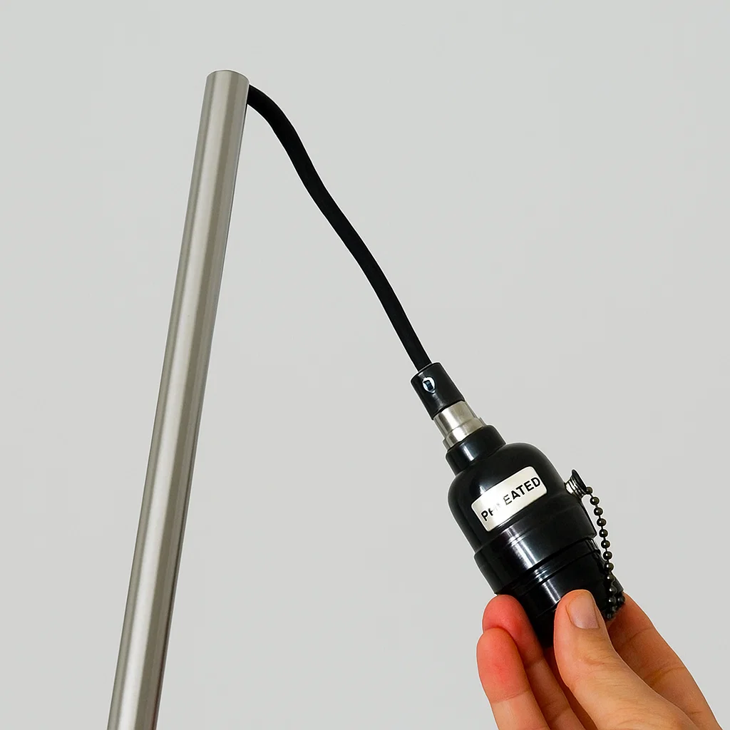 Person holding black light socket with attached electrical wire