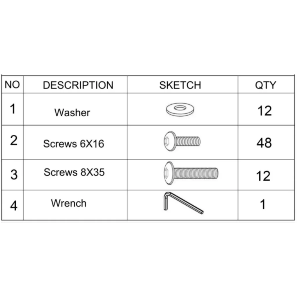 Assembly tools and hardware including screws, washers, and wrench