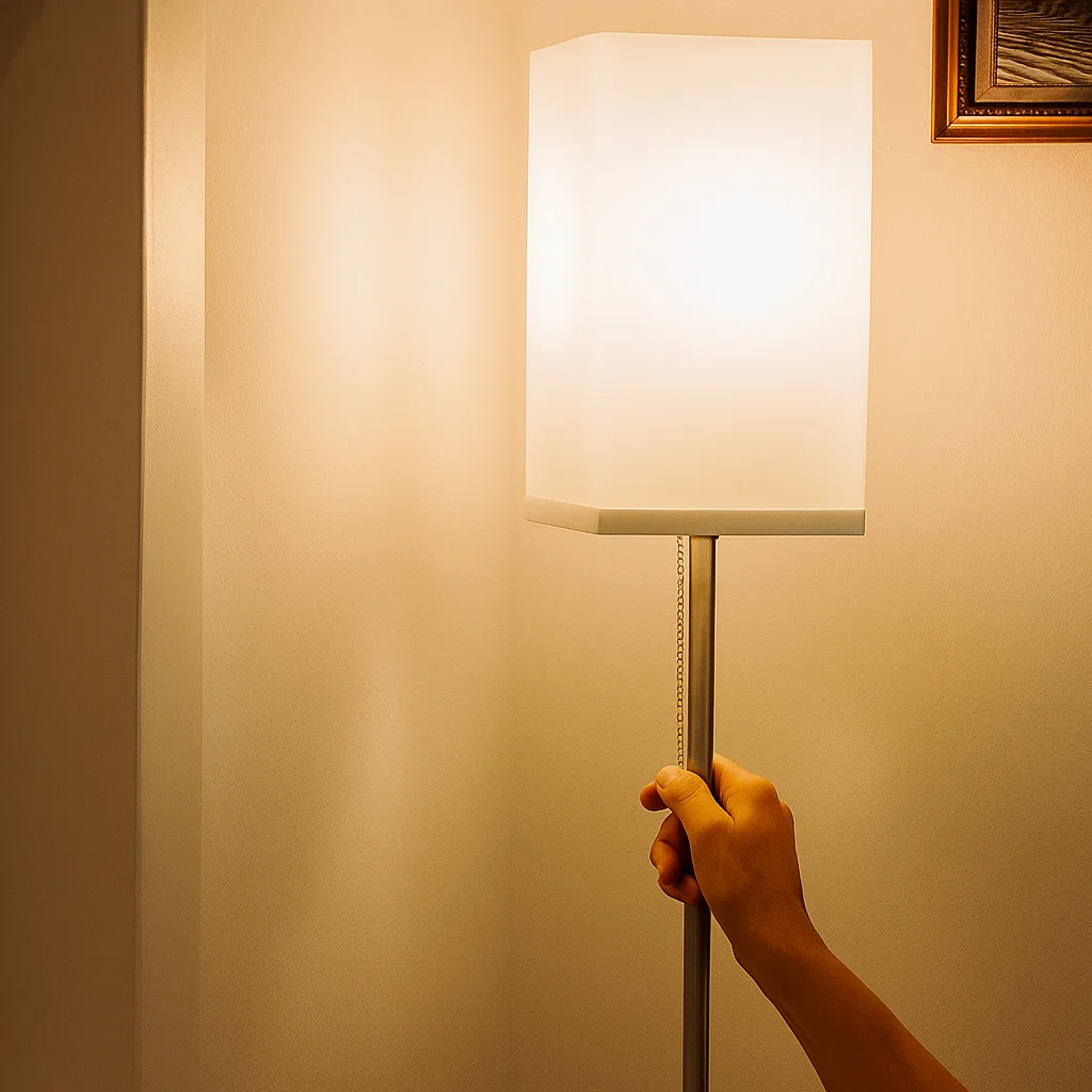 Hand pulling chain to switch on bright floor lamp