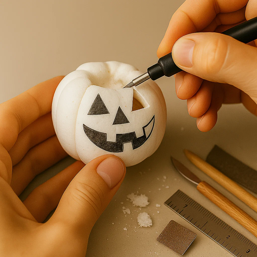 Cutting carved lines on foam pumpkin face with precision knife.