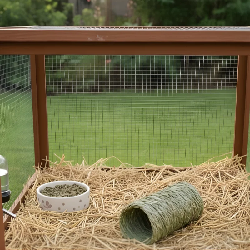 Rabbit hutch interior with hay bedding, food bowl, and tunnel.