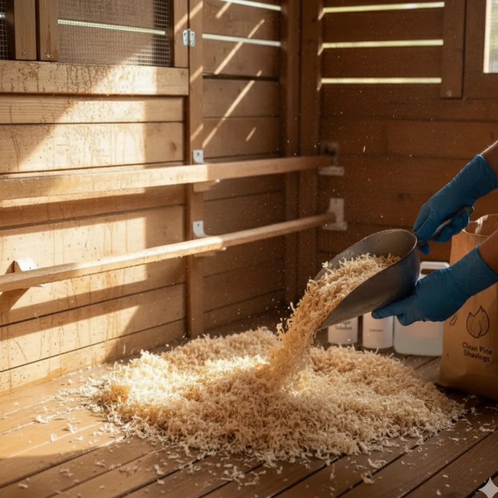 Pouring fresh wood shavings onto the floor of a wooden coop.