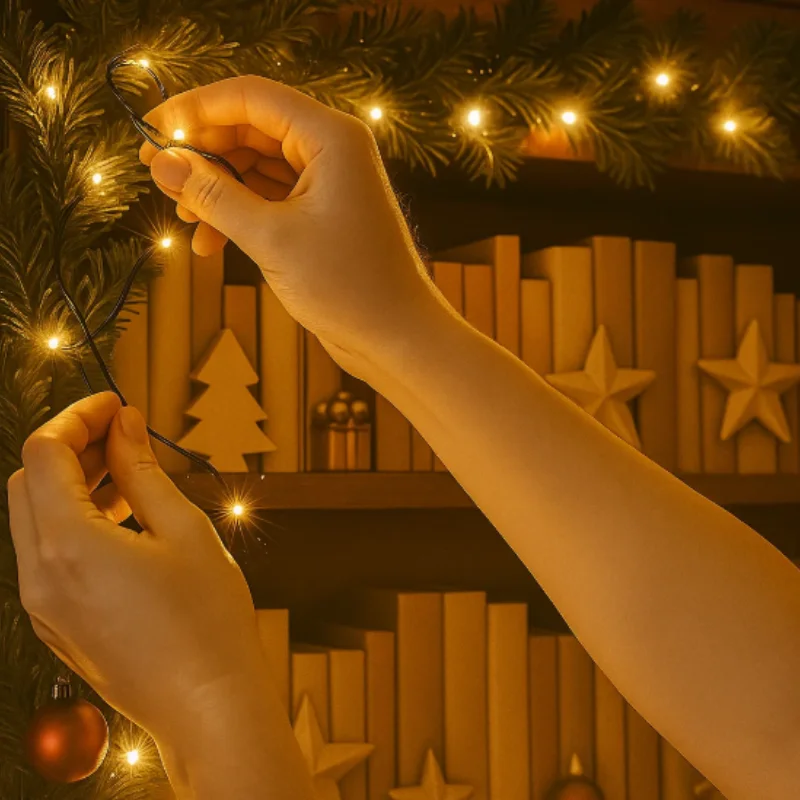 Hands adding LED string lights to a green Christmas garland on a decorated shelf.
