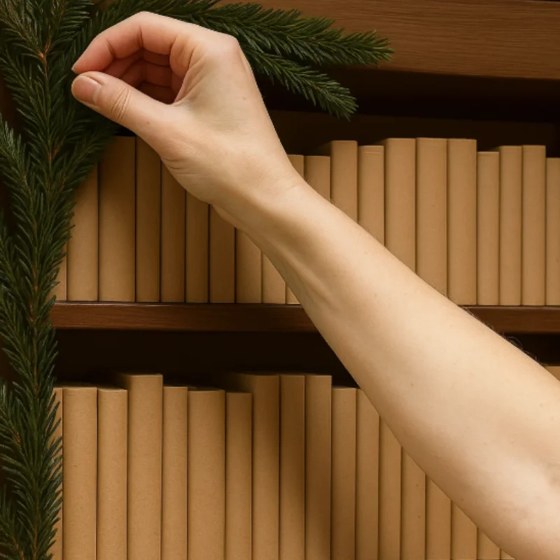 Close-up of a hand adding a green Christmas garland to the edge of a bookshelf.