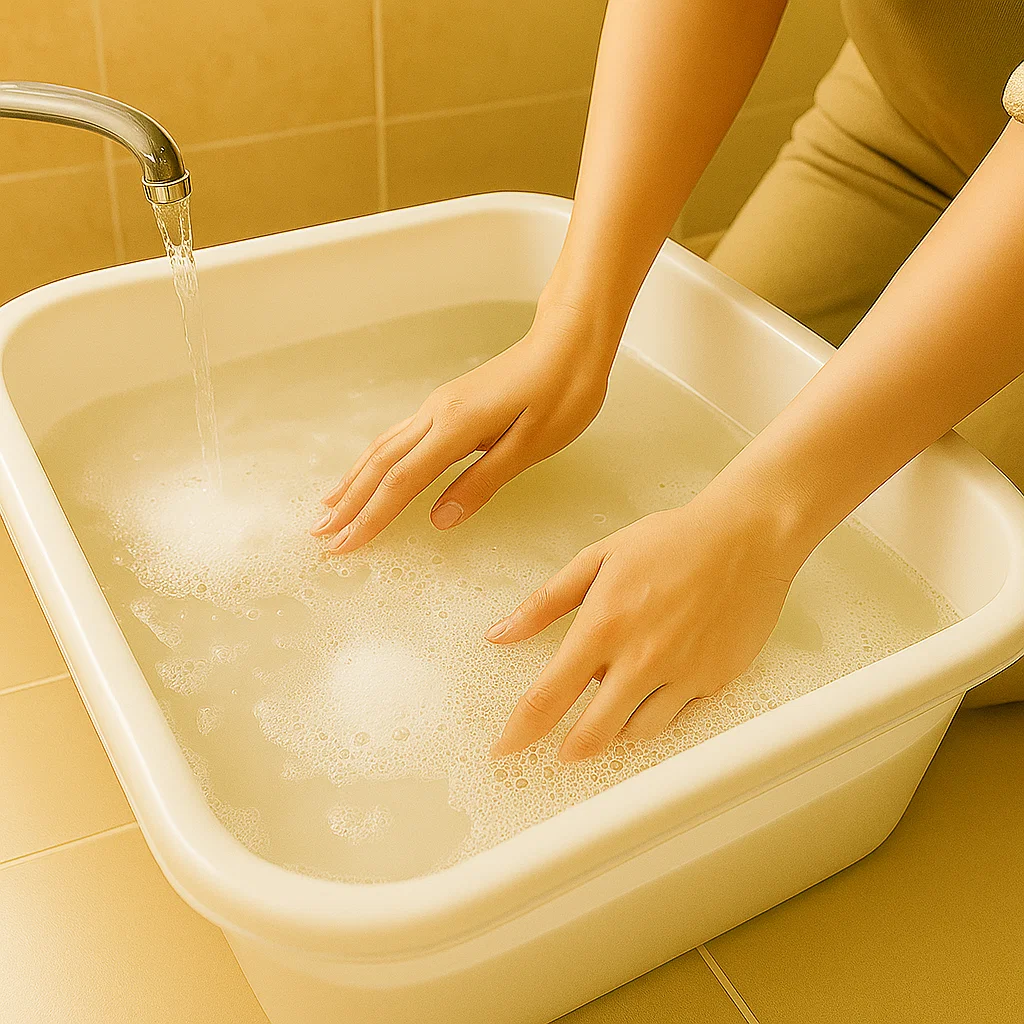 Adding mild detergent to warm water for hand washing.