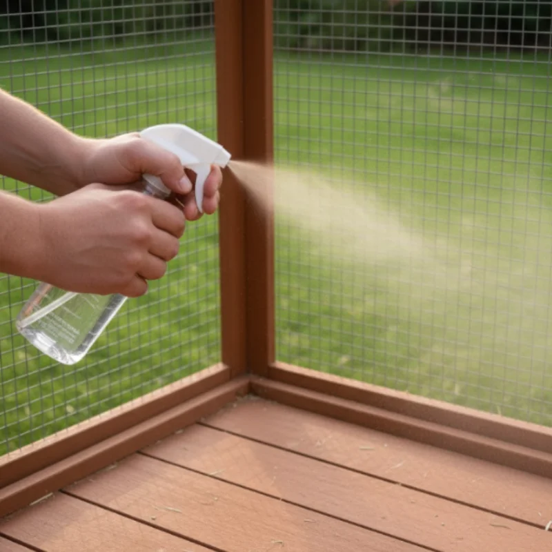 Hands spraying disinfectant on wooden rabbit hutch wire panels for sanitation.

