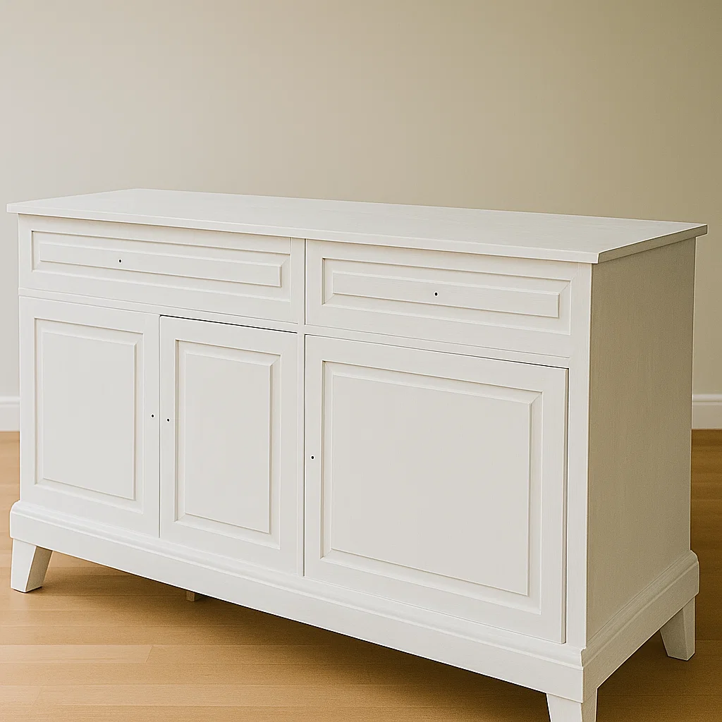 White wooden sideboard standing on light floor before painting.
