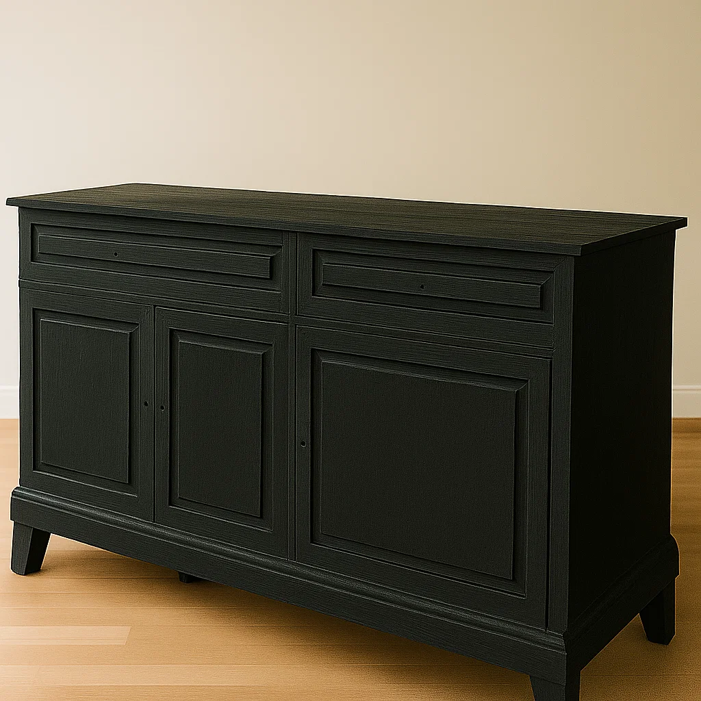 Black painted wooden sideboard with smooth matte finish on wooden floor.