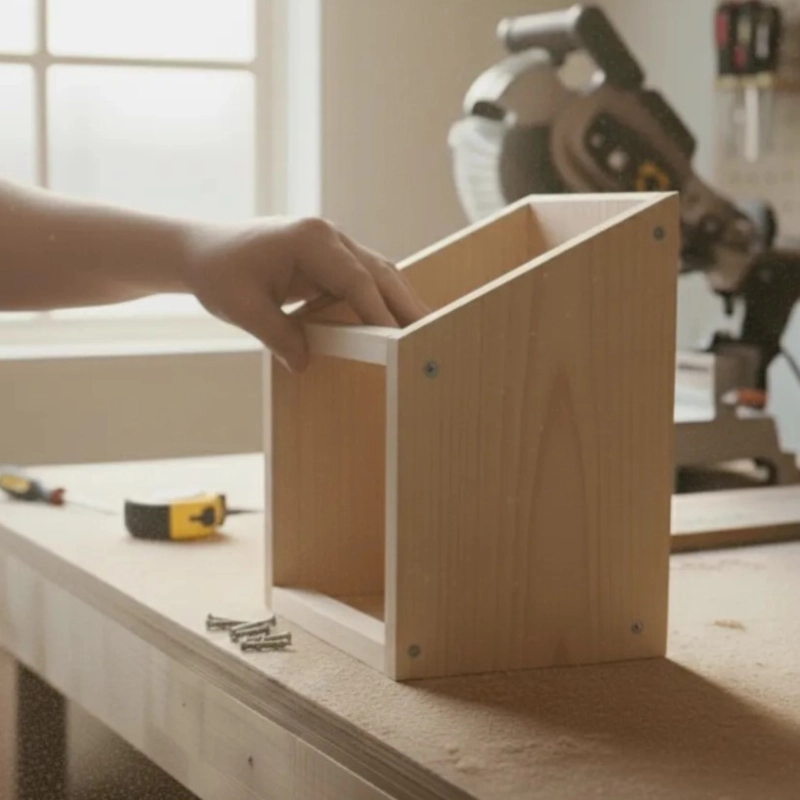 Hand assembling small wooden box panels on a workbench.
