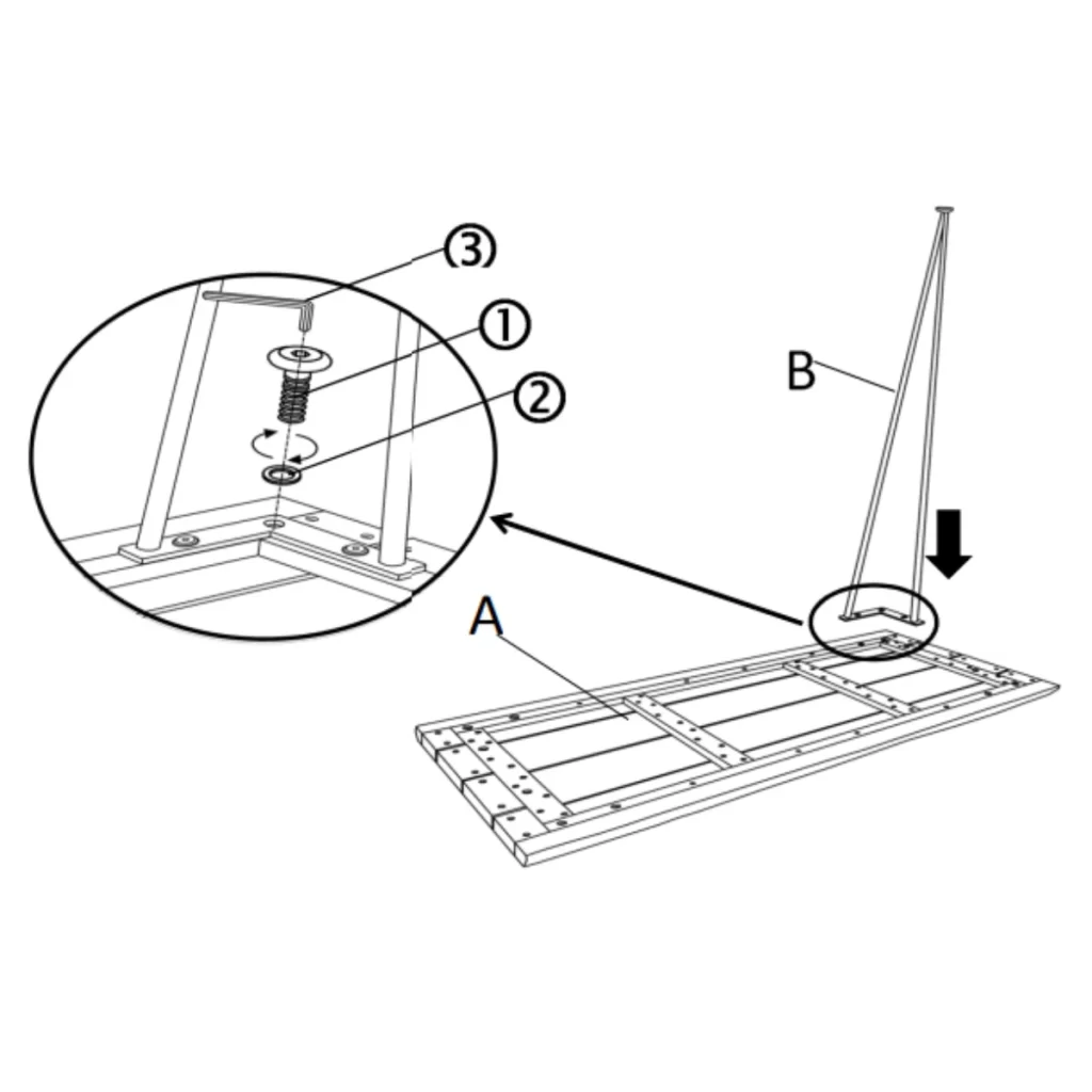 Instruction diagram showing bolt and washer connection for table legs.