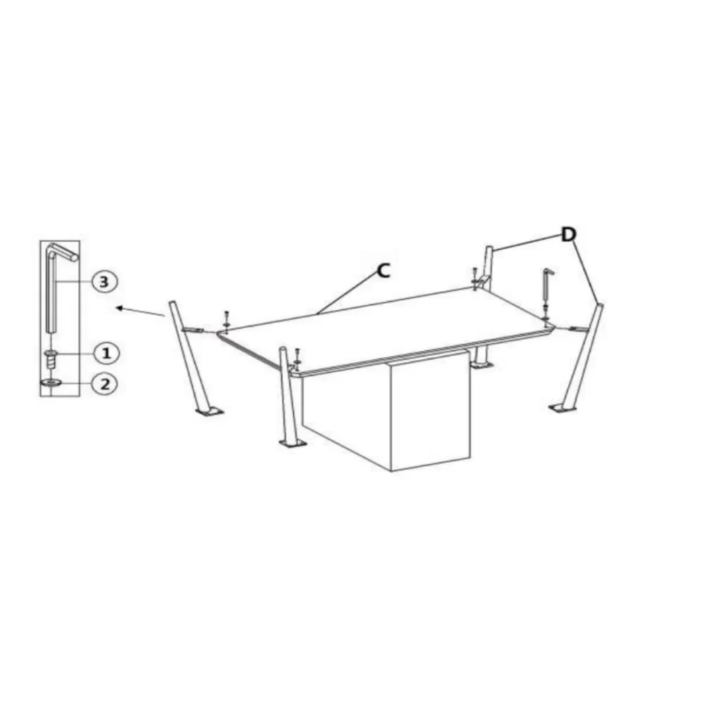 Four black legs attached to a wooden middle board.