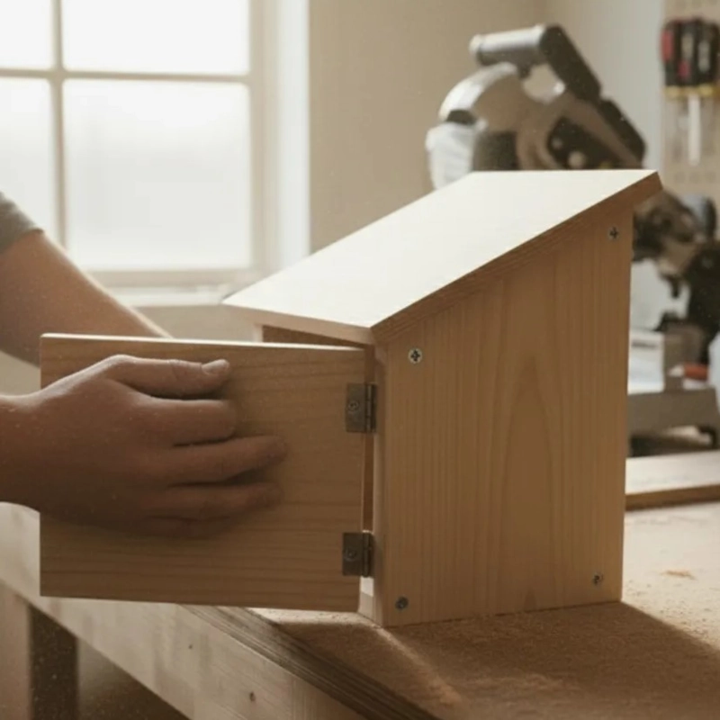 Person holding a small wooden box while installing the angled roof panel.