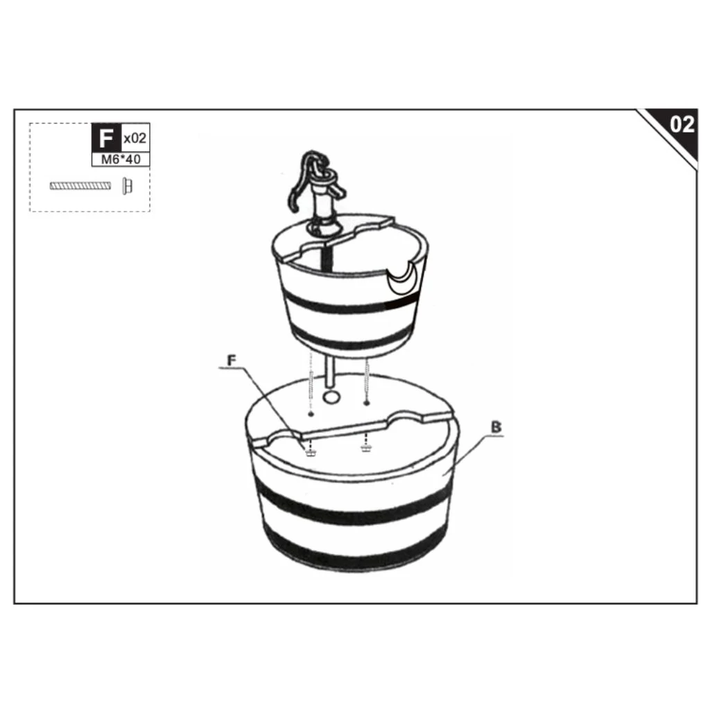 upper bucket positioned above lower barrel, showing alignment holes and screws for fountain assembly.