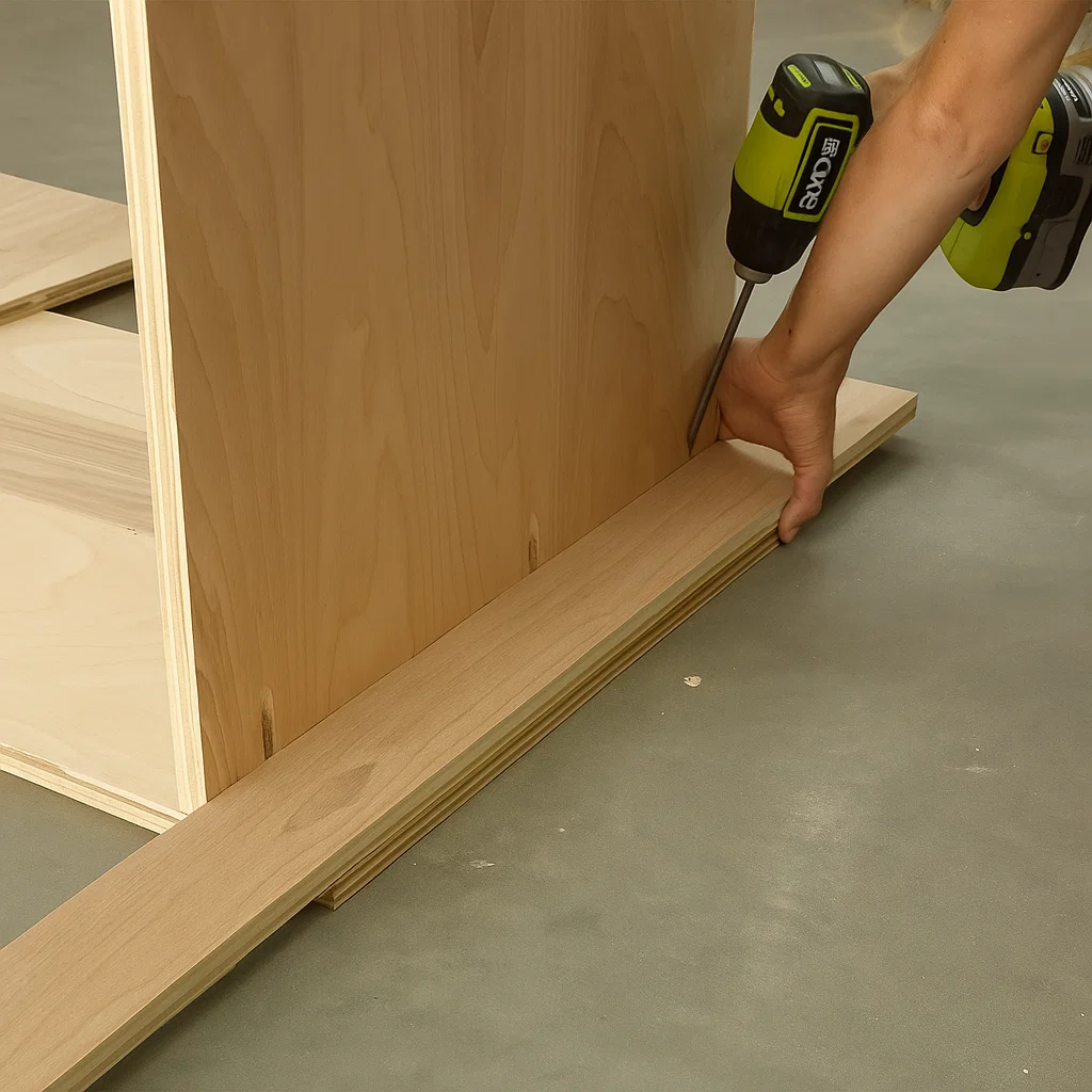Builder attaching the bottom panel between two vertical plywood sides using screws and wood glue.