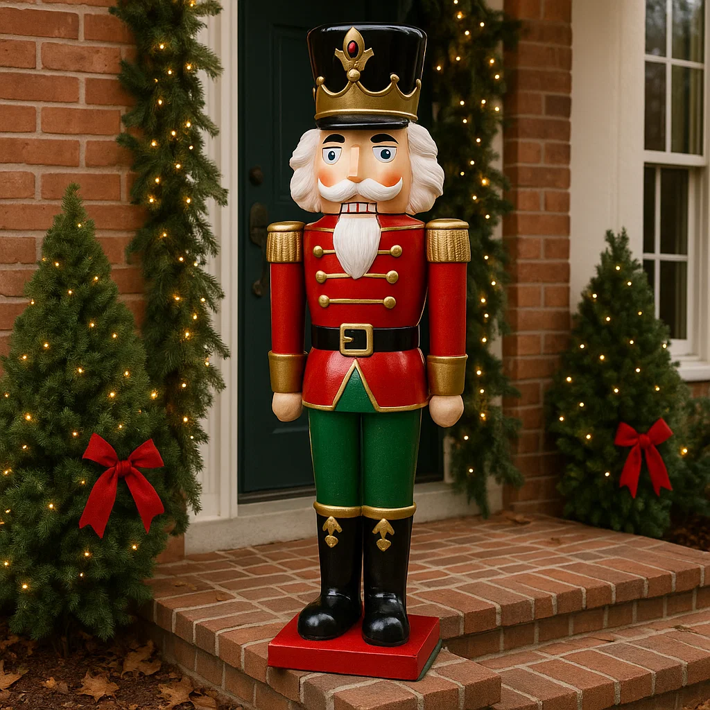 Large nutcracker statue in red and green uniform beside lit Christmas trees.