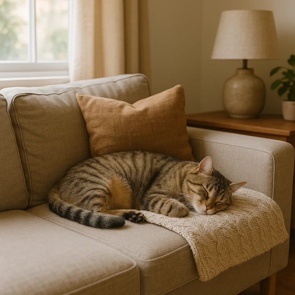 cat sleeping on blanket on beige sofa in cozy room