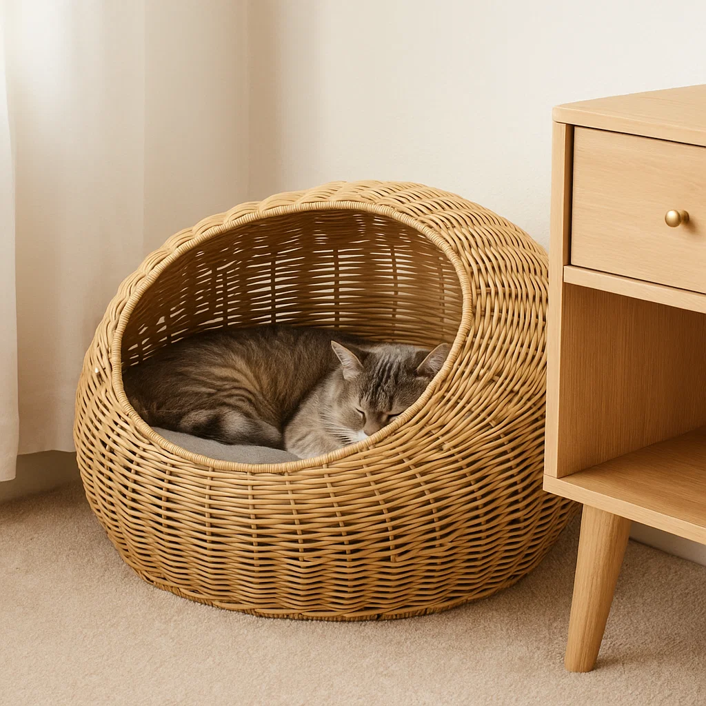 cat resting inside wicker dome bed beside wooden nightstand
