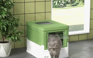 Grey cat exiting green and white litter box near window.